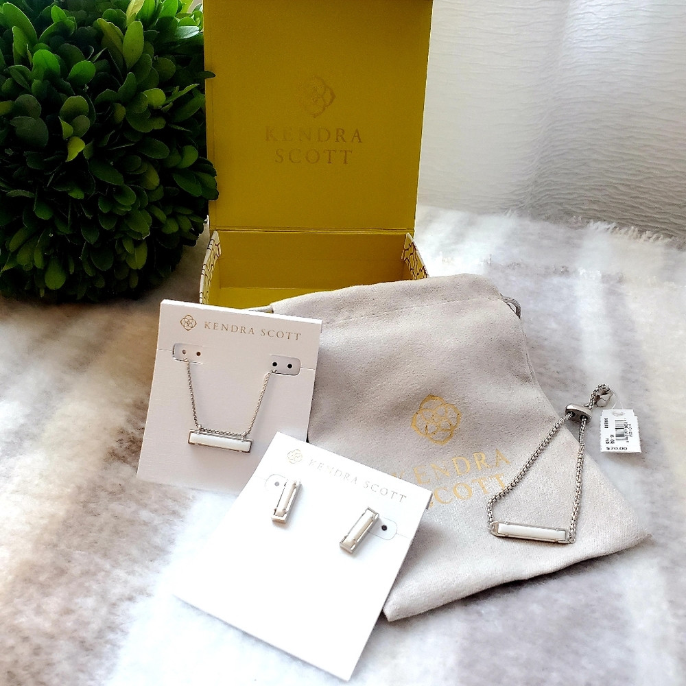 Kendra Scott Silver Leanor Mother of Peal Bar Pendant Necklace Earings Bracelet